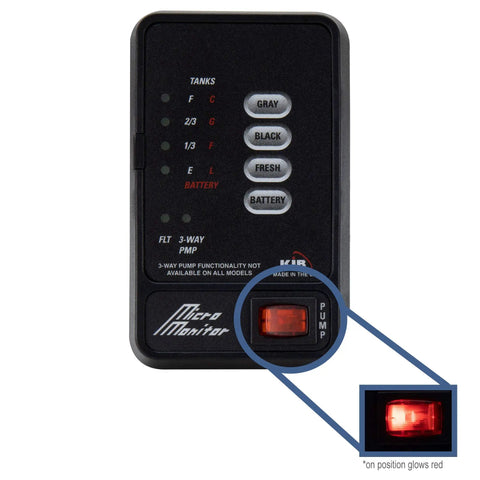 RV Tank Sensor Monitor Panel Replacement M21-KIB, black finish, battery voltage readout, indicator lights, 12V ready panel for RV rig