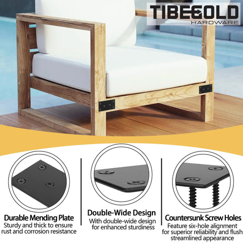 Heavy Duty Bulletproof Black Mending Plates For Wood Furniture And Fence Fixes, Double Wide Steel Brace Brackets with hardware on chair.