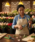 Person using Two Pack 8 Inch Bypass Garden Pruning Shears And 6.25 Inch Advanced Garden Scissors Set for trimming flowers in shop.