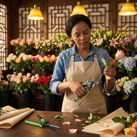 Person using Two Pack 8 Inch Bypass Garden Pruning Shears And 6.25 Inch Advanced Garden Scissors Set for trimming flowers in shop.