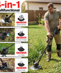 Man using 21V Cordless Weed Wacker And Lawn Edger Do It All 4 In 1 Garden System with metal blades and wire brush in yard