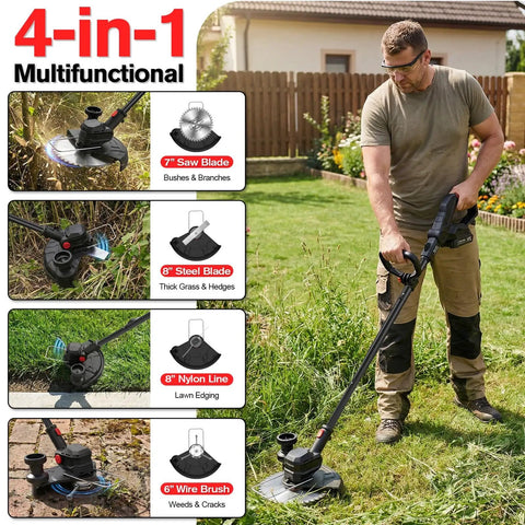 Man using 21V Cordless Weed Wacker And Lawn Edger Do It All 4 In 1 Garden System with metal blades and wire brush in yard