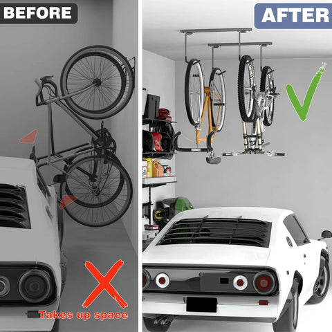 Before and after of ceiling mounted bike rack for garage with space saving design holds 2 bikes horizontally or 4 vertically