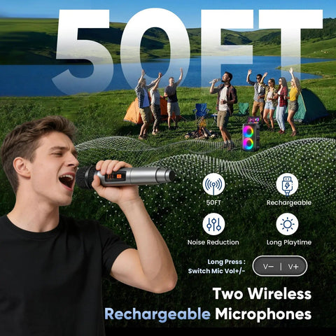 Group using Karaoke Machine For Adults And Kids Portable Bluetooth Speaker with Two Wireless Microphones and LED Light in a field