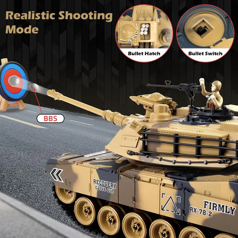 1/18 Scale US M1A2 Abrams RC Tank With 2.4GHz Radio shooting target with realistic battle features close-up view