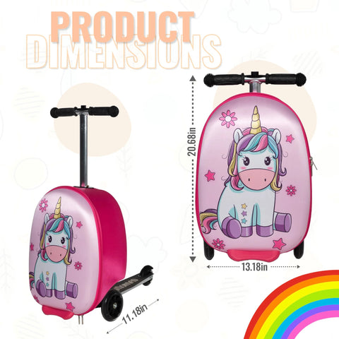 TinyNomad unicorn ride-on suitcase for kids; pink hard-shell luggage with built-in scooter and LED wheels