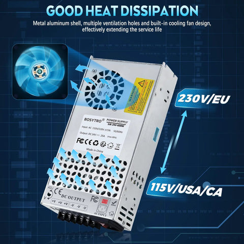 Beefy 24V 25A 600W DC Switching Power Supply With Universal 110V 220V Input Adjustable 21.6V To 26.4V Efficient SMPS For 3D Printers