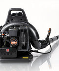 Heavy Duty 72cc Gas Power Backpack Leaf Blower with 230 MPH 760 CFM Adjustable Speed, ergonomic, black design, side view.