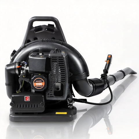 Heavy Duty 72cc Gas Power Backpack Leaf Blower with 230 MPH 760 CFM Adjustable Speed, ergonomic, black design, side view.