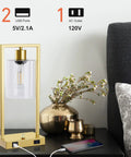 Industrial Table Lamp Set Of 2 With Gold Finish, Dimmable Nightstand Lamps, USB Ports And AC Outlet, Clear Glass Shade, LED Bulbs Included