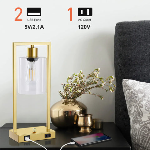 Industrial Table Lamp Set Of 2 With Gold Finish, Dimmable Nightstand Lamps, USB Ports And AC Outlet, Clear Glass Shade, LED Bulbs Included