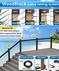 WoodBlack cable railing system with vinyl coated wire rope for cable railing one eighth inch to three sixteenths inch 150 foot length black 316 stainless seven by seven strands indoor outdoor use built for seaside damp areas rugged coastline ready diagram showing components CT24 crimper cutter wr22