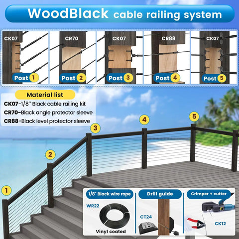 WoodBlack cable railing system with vinyl coated wire rope for cable railing one eighth inch to three sixteenths inch 150 foot length black 316 stainless seven by seven strands indoor outdoor use built for seaside damp areas rugged coastline ready diagram showing components CT24 crimper cutter wr22