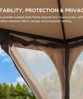 Close-up of the corner view of 9 Ft By 9 Ft Soft Top Gazebo With 2 Tier Canopy Roof, steel frame, and mosquito netting.