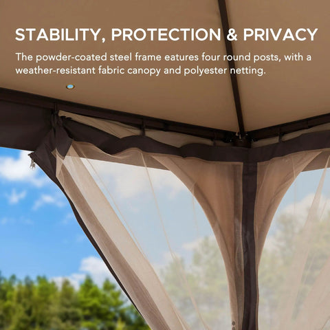 Close-up of the corner view of 9 Ft By 9 Ft Soft Top Gazebo With 2 Tier Canopy Roof, steel frame, and mosquito netting.