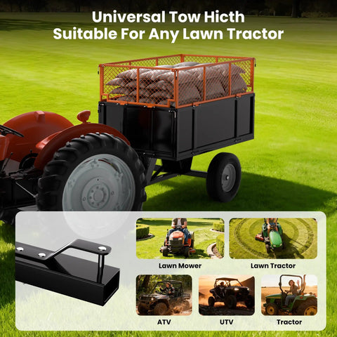 750 Lb Capacity Pull Behind Yard Cart With 17 Cubic Feet Bed Removable Mesh Sides attached to tractor on grass