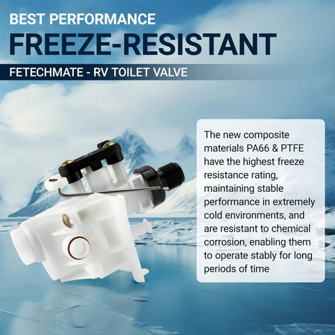 RV Toilet Valve Kit Replacement Fits Thetford Aqua Magic V High And Low Models Freeze Resistant And Leak Resistant Replaces 31705 31688 31687 31653 Durable RV Toilet Parts For Camper And Motorhome white valve kit on icy backdrop