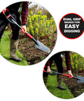 Gardener using Multi Digger Garden Spade With Reinforced Fiberglass Handle, Lightweight Arrow Head Shovel in yard work.