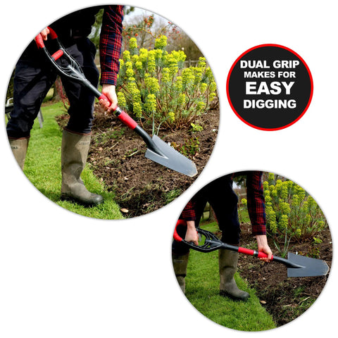 Gardener using Multi Digger Garden Spade With Reinforced Fiberglass Handle, Lightweight Arrow Head Shovel in yard work.