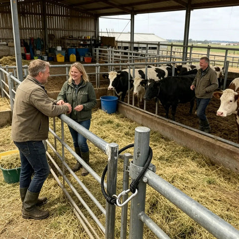 Ranch Tough Horse Stall Gate Latch With Twist Lock And Secure Barn Door Fastener in use with farmers in livestock enclosure.