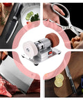 Powerful Mini Bench Grinder With 100W Brushless Motor Delivers Lightning Fast Six Thousand RPM Grinding Action Perfect For Precision Sharpening And Smoothing Wood Metal Blades In Small Workspaces Effortlessly, showcased sharpening various kitchen tools.