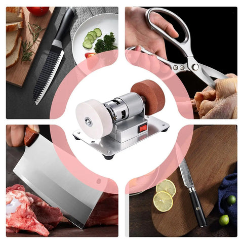 Powerful Mini Bench Grinder With 100W Brushless Motor Delivers Lightning Fast Six Thousand RPM Grinding Action Perfect For Precision Sharpening And Smoothing Wood Metal Blades In Small Workspaces Effortlessly, showcased sharpening various kitchen tools.