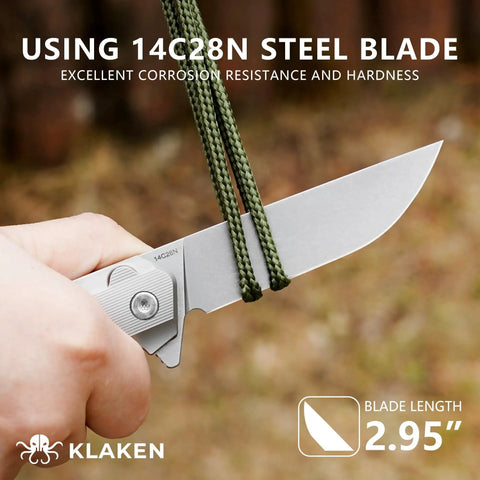 Hardcore Folding Pocket Knife With Tight Grip Textured Titanium Handle And Razor Sharp 14C28N Stainless Steel Blade showing blade detail and grip.