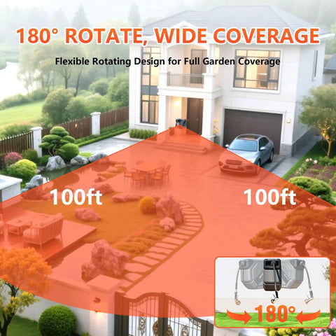 Retractable Garden Hose Reel with 100 Foot Heavy Duty Wall Mount, showing 180 Degree Swivel and wide coverage across garden area
