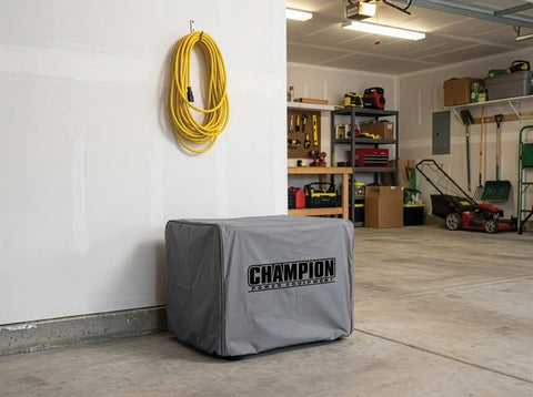 Weather Resistant Vinyl Cover With A Snug Elastic Fit Shields Your 2000 To 4000 Watt Inverter Generator From Sun Rain Dirt With Hella Strong Heavy Duty Protection in a garage.