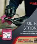 Heavy Duty Cleaning Wipes Jumbo Roll With 455 Sheets Red Absorbs Water And Oil shown with gloves cleaning surface