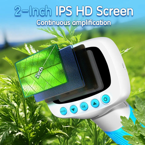 Kids Digital Handheld Microscope With 2 Inch IPS Screen And 1000x Magnification, Video Camera For STEM Learning, Wonder Quest Educational Toy, Magnifier For Bugs, Cool Birthday Gift For Boys And Girls. 2-inch screen showing leaf magnification