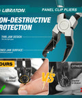 Non Destructive Panel Clip Pliers For No Fuss Clip Removal With Widened Jaw Diagonal Cutting Tool That Prevents Dents Or Scratches Reusable Auto Interior Clip Removal Pliers shown with thin jaw and widened jaw