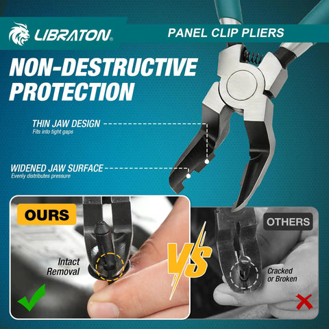 Non Destructive Panel Clip Pliers For No Fuss Clip Removal With Widened Jaw Diagonal Cutting Tool That Prevents Dents Or Scratches Reusable Auto Interior Clip Removal Pliers shown with thin jaw and widened jaw