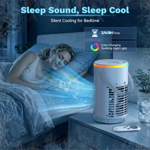 Woman sleeping with Evaporative Mini AC Fan With Ice Mist Cooler on bedside table, showing cool mist in bedroom, 1200ml tank visible.