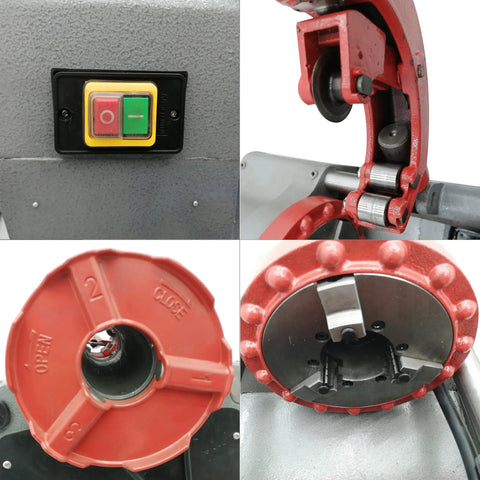 Heavy Duty Electric Pipe Threader For Half To Two Inch Npt Metal Pipes Comes With Tough As Nails Cast Iron Dies And A Built In Self Oiling System Powered By An All Copper Motor That Gets The Job Done Without A Hassle control panel and threading head details