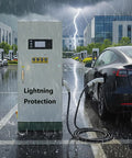 Outdoor Industrial-Grade 80kW DC Fast Charger With CCS1, Floor-Standing EV Charger connected to car in rainy parking lot