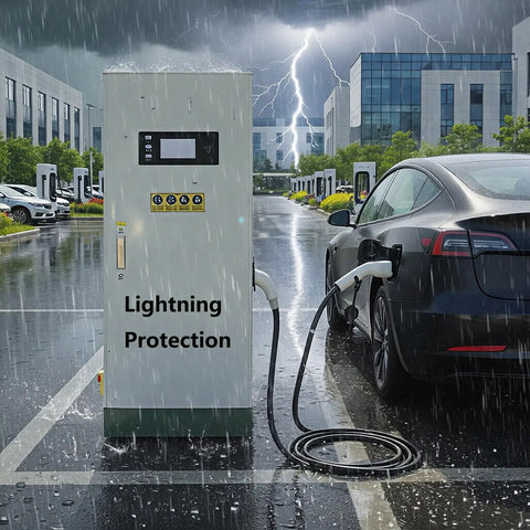 Outdoor Industrial-Grade 80kW DC Fast Charger With CCS1, Floor-Standing EV Charger connected to car in rainy parking lot
