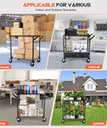 Heavy Duty Rolling Utility Cart With 680 Lbs Capacity shown in warehouse, garage, office, and garden settings
