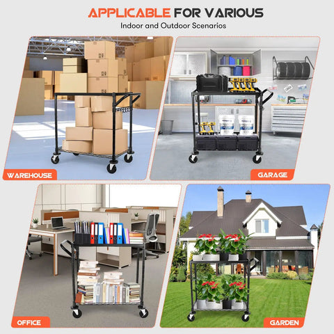 Heavy Duty Rolling Utility Cart With 680 Lbs Capacity shown in warehouse, garage, office, and garden settings
