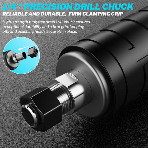 Close-up of 1/4 inch precision drill chuck on Beefy Cordless 1100W Brushless Die Grinder With Braking, Bare Tool Only.