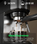 Barista Grade 20 Bar Espresso Machine With Milk Frother brewing espresso using steam wand, 1450W motor shown