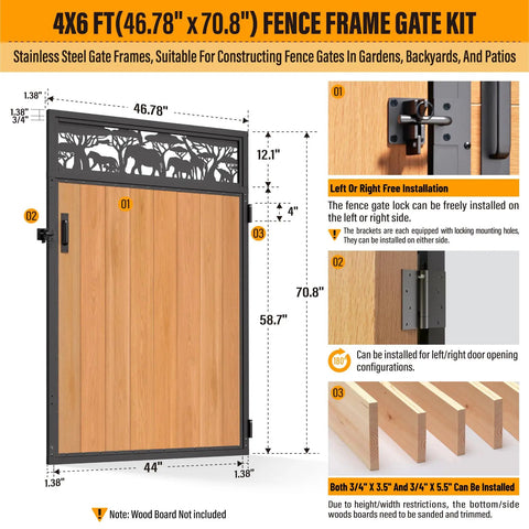 Heavy Duty Fence Gate Frame Kit With Anti Sag Design And All Weather 201 Stainless Steel Build For Backyards Left Or Right Setup dimensions 46.78 x 70.8 inches