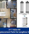 Top view floor plan with Replacement Filter Kit For A10 A11 S10 S11 S15 Series Cordless Vacuum Cleaners displayed, 2 pre filters and 1 HEPA filter.