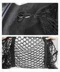 Three Compartment Hammock Cargo Net For Tesla Cybertruck 2024 Plus Trucks showing attachment clips and net design for cargo organization.