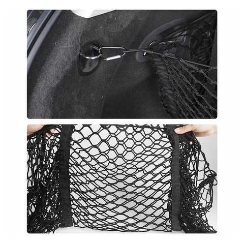 Three Pocket Trunk Cargo Net Made For Tesla Cybertruck 2024 Plus, showing attachment point and mesh design for securing items.