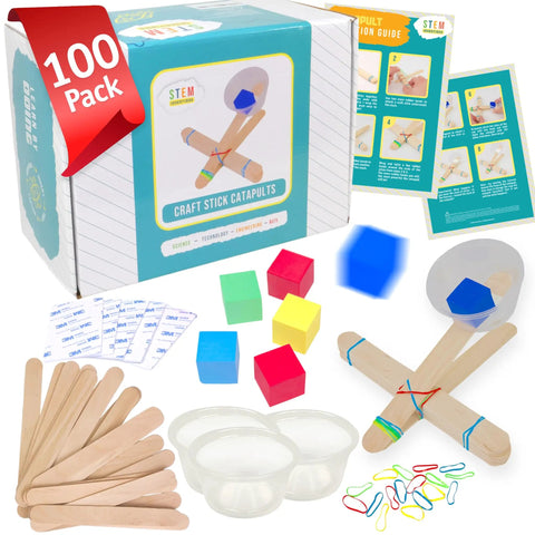 100 Pack Mini Catapults For Classrooms And Camps Complete STEM Project Set with craft sticks, foam, cups, and bands.