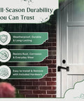 Built Tough Black Iron Fence Gate Latch With 12 Inch Long Bar Door Lock And All Mounting Hardware Included In A Pack Of 10, showing weatherproof features.