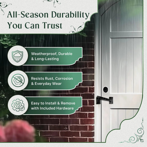 Built Tough Black Iron Fence Gate Latch With 12 Inch Long Bar Door Lock And All Mounting Hardware Included In A Pack Of 10, showing weatherproof features.