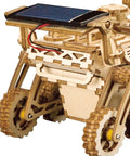 Close-up of Solar Powered Cars Kit with Movable 3D Wooden Puzzle Toys, showing rover wheels and solar panel detail