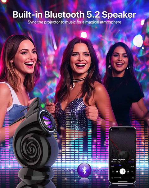 Galaxy Star Projector Night Light For Bedroom With Timer And Remote 4 In 1 White Noise Bluetooth Speaker shown at a party
